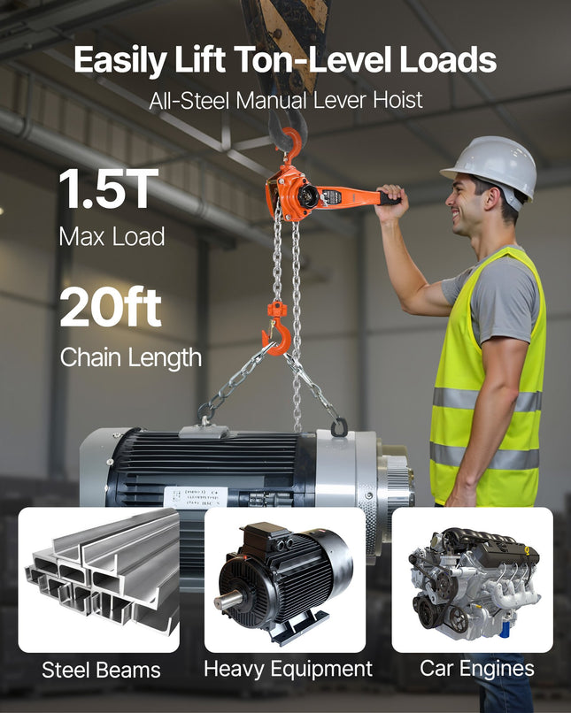 Manual Lever Chain Hoist, 1-1/2T 3300LBS Capacity Heavy Duty Come Along, 20FT Lift G80 Alloy Steel Chain With Dual Pawl Mechanical Brake,360°Rotating Hooks, For Warehouse Construction Garage
