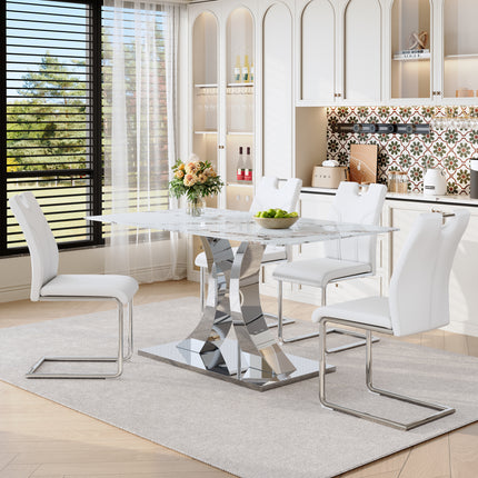 Luxury Modern 63-inch Dining Table Set With 4 Upholstered Chairs, White Tempered Glass Rock Top & Adjustable Stainless Steel Base, Convertible Table For Multiple Diners, Fashion Home Furniture