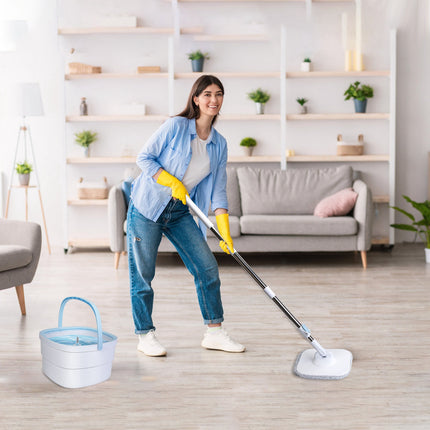 Spin Mop And Bucket With Wringer Set Flat Floor Mop With Clean And Dirty Water Separate System 2 Replaceable Reusable Washable Microfiber Mop Pads