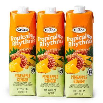 Grace Tropical Rhythms Ginger and Pineapple Juice 1 Liter (33.8oz) - 3 Cartons - Jamaican Fruit Juice