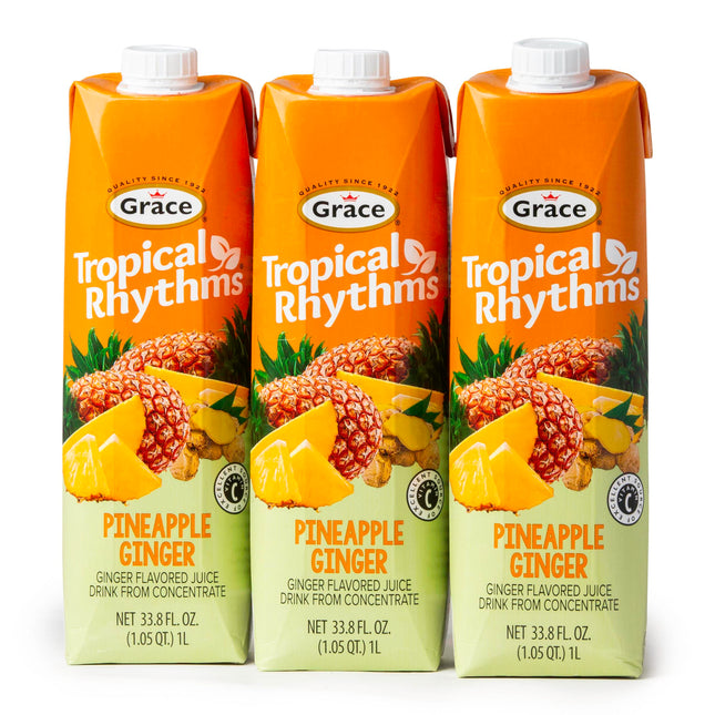 Grace Tropical Rhythms Ginger and Pineapple Juice 1 Liter (33.8oz) - 3 Cartons - Jamaican Fruit Juice