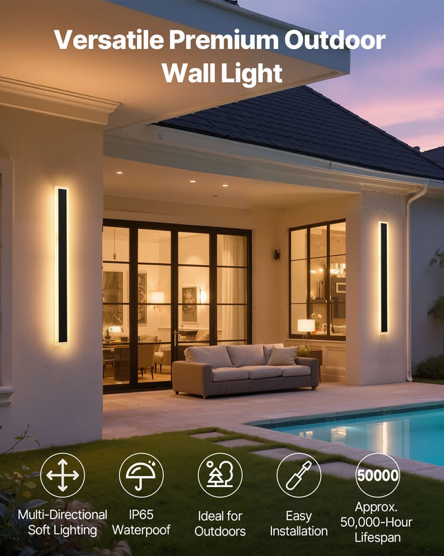 Outdoor Wall Lights, 2 Pack, 31.5 Inch Long Strip Modern Exterior Wall Sconce Light Fixtures, 3000K Warm White, IP65 Waterproof Anti-Rust Outside Wall Mount Lighting, For House, Porch, Garage