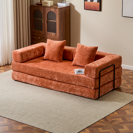 Floor Couch,Compression Sofa,Convertible Floor Sofa Bed-with Pillow Back Support Armrest,Comfy Futon Couch Lounge Sleeper Bed,chenille Fabric,for Living Room Bedroom Orange