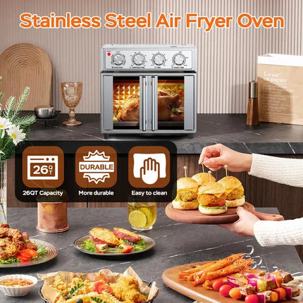 PlumChef 29.5 QT French Door Air Fryer Convection Toaster Oven, Extra Large 6 Slices, 1700W, Multifunction Oven For Air Fryer, Toast, Grill, Defrost, Bake, Time And Temperature Controls, Silver