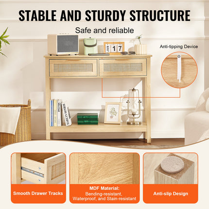 Rattan Console Table With 2 Storage Drawers, Rattan Entryway Table With Natural Rattan Sliding Door, Console Sofa Table For Living Room, Study, Entryway Or TV Wall, Natural