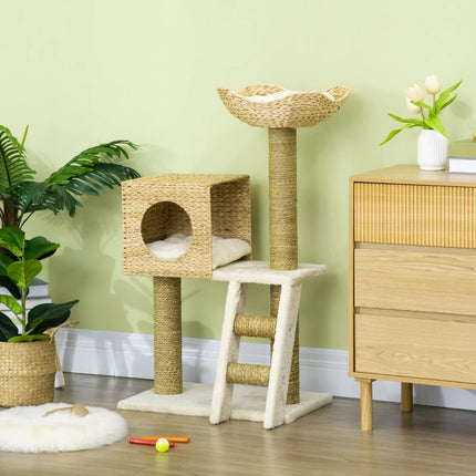 PawHut Cattail Weave Cat Tree For Indoor Cats Kitty Tower With Rattan Cat Condo, Wicker Bed, Ladder, Washable Cushions