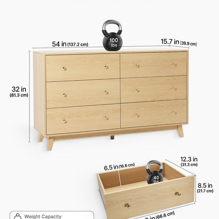 6 Drawer Dresser, Wooden Chest Of Drawers With Sliding With Anti-tip Device, Modern Minimalist Dresser Chest, Closet Storage Organizer For Living Room, Hallway, Bedroom, Entryway, Light Wood