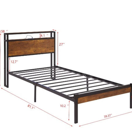 Twin Size Metal Platform Bed Frame With Wooden Headboard And Footboard With USB LINER