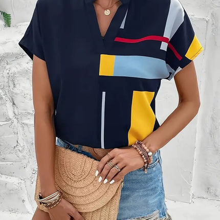 V-neck Short-sleeved T-shirt Slimming Dress Versatile Simple Top Trendy Stand Collar
