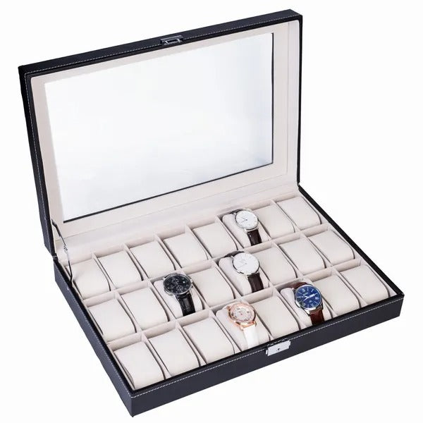 24 Slot Elegant Portable Black Watch  Box Case Organizer For Storage Display Holds Watches Jewelry For Men Women