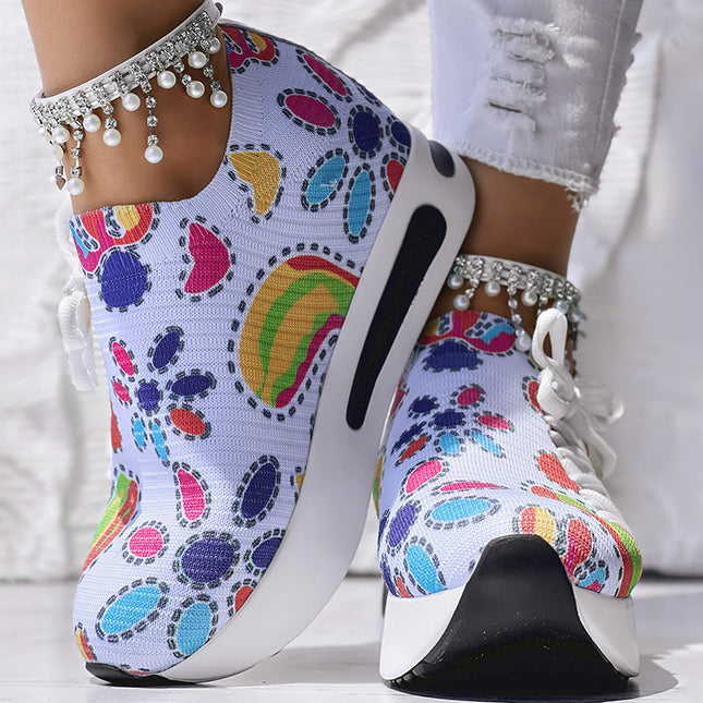 Women's Random Print Side Lace-Up Elastic Sport Shoes, Comfortable Slip-On Sneakers For Women, Casual Daily Wear Footwear