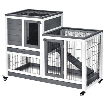 Wooden Rabbit Hutch Elevated Bunny Cage Indoor Small Animal Habitat With Enclosed Run With Wheels, Ramp, Removable Tray For Rabbits, Chickens, Ducks, Guinea Pigs, Gray