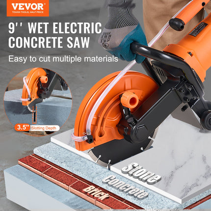 Electric Concrete Saw, 9 In, 1800 W Motor Circular Saw Cutter With 3.5 In Cutting Depth, Wet/Dry Disk Saw Cutter Includes Water Line, Pump And Blade, For Stone, Brick