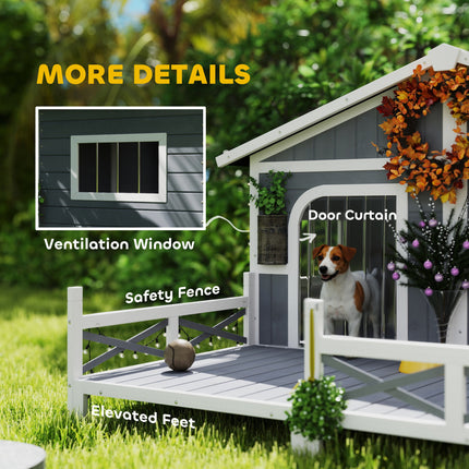 Dog House Outdoor, Wooden Dog Kennel Weatherproof with Porch, Openable Roof, Removable Bottom, Elevated Floor, Double Room for 2 Small to Medium Breeds, Gray