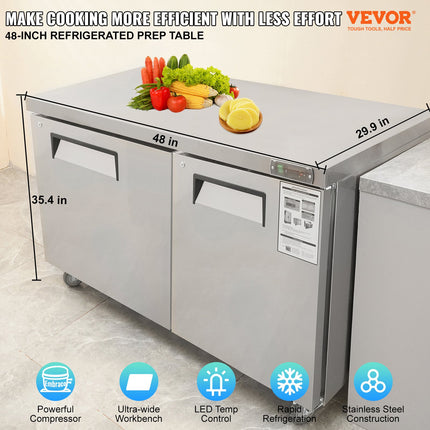 Commercial Refrigerator, 48' Worktop Undercounter Refrigerator, 12.85 Cu. Ft Thick Stainless Steel Refrigerated Food Prep Station, 2 Door Worktop Fridge With Lock For Restaurant, Bar, Diner