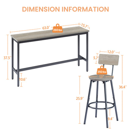 Long Bar Table Set With 3 PU Upholstered Bar Stools, Industrial Bar Table And Chairs For Kitchen Breakfast Table, Living Room, Banquet Hall, Rustic Gray And Black, 63inL X15.7 W X 37.5 H