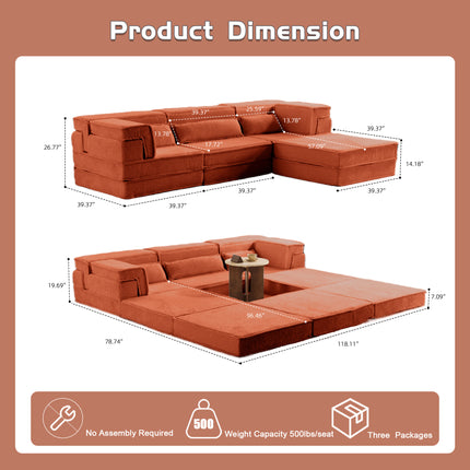 Compression Mahjong Sofa,Convertible Floor Sofa Bed,DIY Boneless Modular Sectional Sofa,No Assembly Required,Circle Fleece Fabric,Oversized 3 Seater With 1 Ottoman,Orange