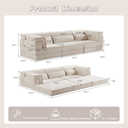Compression Mahjong Sofa,Convertible Floor Sofa Bed,DIY Boneless Modular Sectional Sofa,No Assembly Required,Circle Fleece Fabric,Oversized 3 Seater With 3 Pillows,White