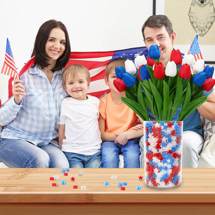 4th Of July Decorations, 12 Pcs Patriotic Artificial Tulips With 180 Pcs Red White Blue Sponge Stars Independence Day Vase Filler For Home Table Centerpiece Decor Clearance Sale
