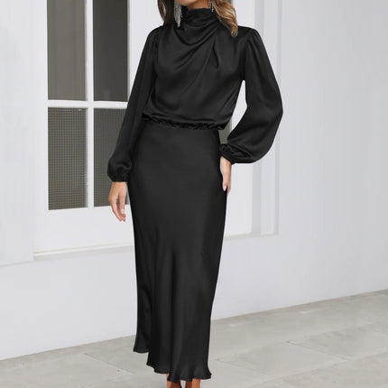 Elegant Temperament Long-sleeved Dress Satin Halterneck Formal Evening Dresses Women Clothing