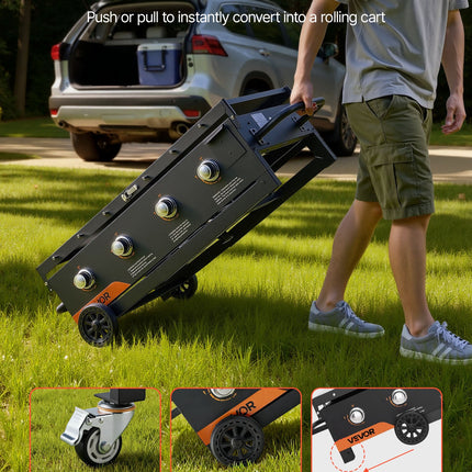 Gas Griddle, 4-Burner Flat Top Grill, 36 Inch Grill Plate Foldable Propane Griddle With Wheels, 60000 BTU Outdoor Flat Top Grills For Pan-Frying, Grilling, Stir-Frying, & BBQ, Pulse Ignition