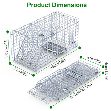 2Pcs 18x8x10In Humane Single Door Live Animal Trap Collapsible Galvanized Iron Animal Cage Catch And Release For Small Squirrel Raccoon Feral Cat Weasel Armadillo Opossum