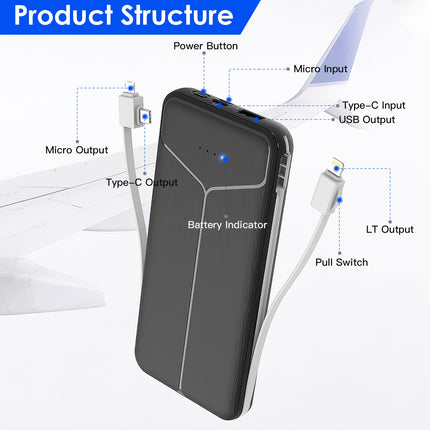 10000mAh Power Bank Portable Charger With US Plug 2 Built-in Cables External Battery Pack With 4 Ouputs 3 Inputs Fit For IOS Phone 14 Android And More
