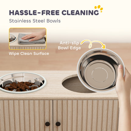 Elevated Dog Bowls with Storage Cabinet,  2 Stainless Steel Bowls, Slow Feeder, Dog Feeding Station for Large Dogs, Oak