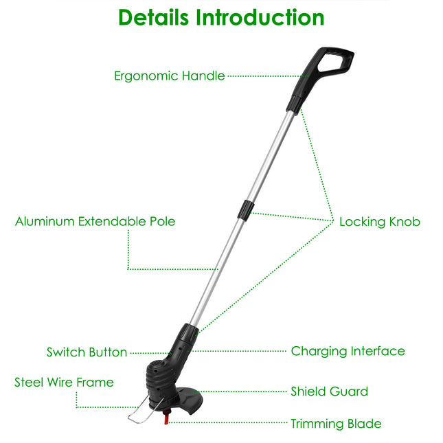 1Pc Electric Cordless Grass Trimmer Rechargeable Extendable With 5 Blades 1 Battery