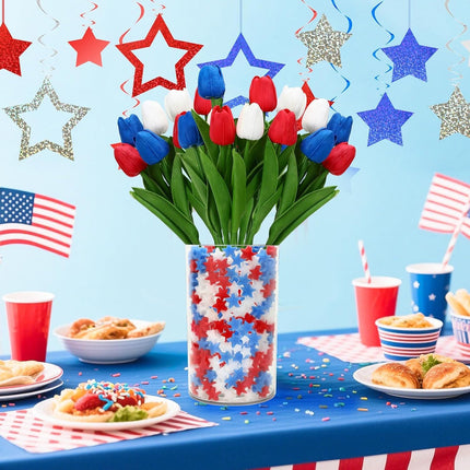4th Of July Decorations, 12 Pcs Patriotic Artificial Tulips With 180 Pcs Red White Blue Sponge Stars Independence Day Vase Filler For Home Table Centerpiece Decor Clearance Sale