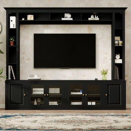 4-Piece Modern Entertainment Center Wall Unit With Bookshelves, All-in-1 Large TV Stand With Tempered Glass Door For TVs Up To 80, 92inch Media Console With Adjustable Shelves For Living Room, Black