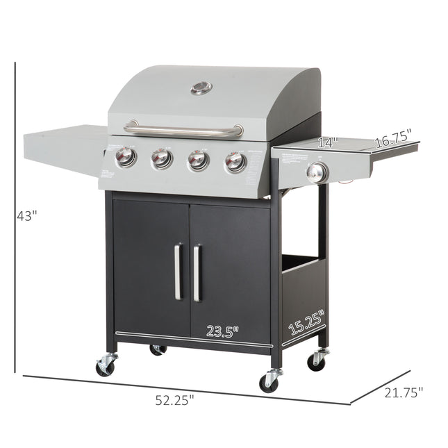 52" Barbecue Grill With Wheels 4+1 Burner Liquid Propane Gas Grill Outdoor Cabinet Style BBQ Trolley W/ Side Burner, Warming Rack, Storage Cabinet