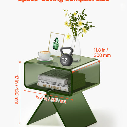 Acrylic Nightstand Side Table, Modern Clear Bedside Table With Storage Shelf, Transparent Small End Desk For Living Room, Bedroom, Home Decor, No Assembly Needed, 11.8 X 15.4 X 17 In (Green)