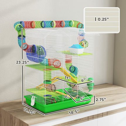 18.5" 5 Tier Hamster Cage with Tubes and Tunnels, Small Animal Cage, Rat Gerbil Cage with Water Bottle, Food Dish, Exercise Wheel, Green