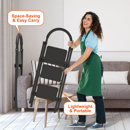 1Pc 3Step Foldable Ladder With Wide Anti-Slip Pedal Safety Locking Design Soft Handgrip Portable Lightweight Folding Step Stool 330LBS Load Capacity For Household Kitchen Office