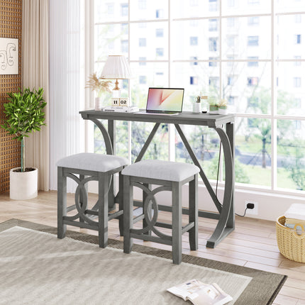 TOPMAx Farmhouse 3- Piece Counter Height Dining Table Set With USB Port And Upholstered Stools Gray