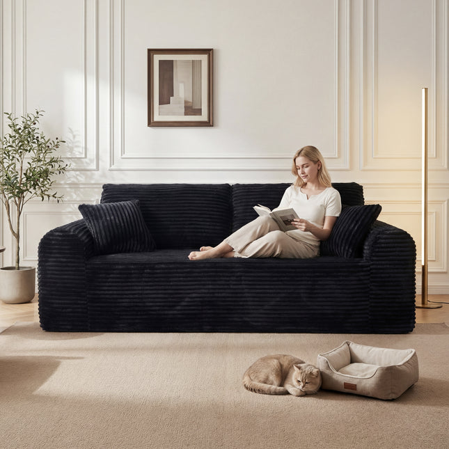 3 Seater Couch, Corduroy Boneless Couches For Living Room,26.4 Cloud Couch With Deep Seat,Comfy Floor Sofa With 2 Pillows,Upholstered Floor Sofa In A Box