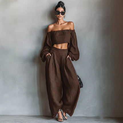 Women Spring Clothing off Shoulder Short Top Wide Leg Pants Set .Ships from overseas. Estimated delivery: 14–20 business days