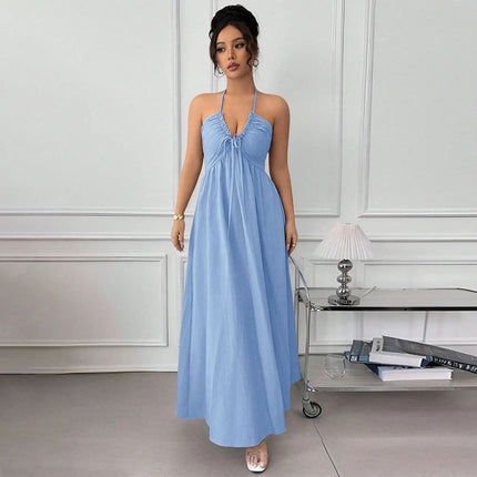 Summer Blue Halter Backless Dress Lace up Waist Slimming Seaside Vacation Gentle .Ships from overseas. Estimated delivery: 14–20 business days