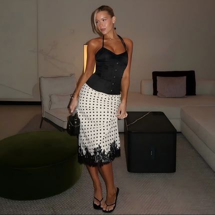 Summer Women Clothing Fashionable All Match Polka Dot Printed Lace Stitching Midi Skirt .Ships from overseas. Estimated delivery: 14–20 business days