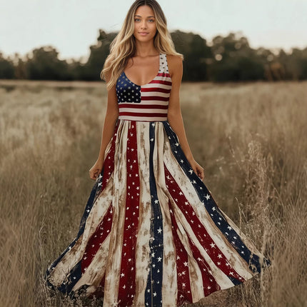 Retro Flag Printed V neck Sling Independence Day Vacation Dress .Ships from overseas. Estimated delivery: 14–20 business days
