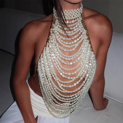 Festival Heavy Industry Pearl Vest Sexy Multi Layer Top Chest Necklace Women .Ships from overseas. Estimated delivery: 14–20 business days