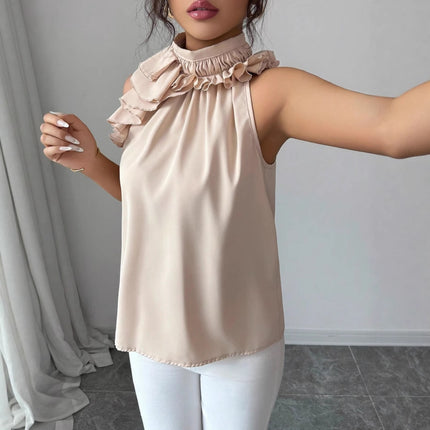 Fashionable Elegant Petal Collar Halter off Shoulder Slim Sleeveless Solid Color Top Women
