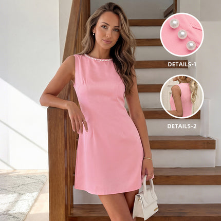 Round Neck Bead Women Summer Elegant Graceful Sleeveless Short Dress .Ships from overseas. Estimated delivery: 14–20 business days