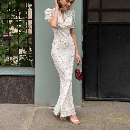 Elegant Floral Dress Women Hollow Out Cutout out Design Stand Collar Puff Sleeve High Waist Sheath Dress .Ships from overseas. Estimated delivery: 14–20 business days