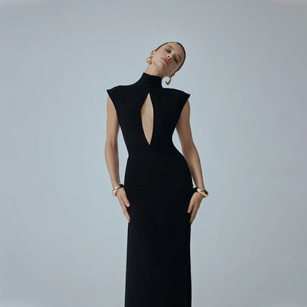 Women Clothing Black Fashionable Slim Fit Figure Flattering Stand Collar Chest Hollow Out Cutout out Mesh Stitching Mop Dress .Ships from overseas. Estimated delivery: 14–20 business days
