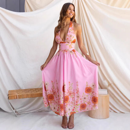 Summer Positioning Elegant Sunflower Printed V neck Waist Controlled Large Hem Dress .Ships from overseas. Estimated delivery: 14–20 business days