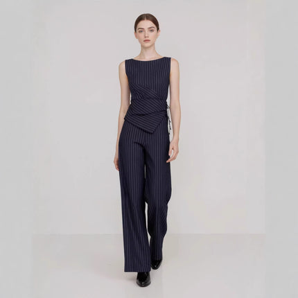 Professional Women Striped Sleeveless Asymmetric Top Straight Leg Trousers Two Piece Sets .Ships from overseas. Estimated delivery: 14–20 business days