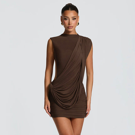 Women Clothing Summer Solid Color Casual Sleeveless Asymmetric Ribbon Backless Slim Fit Dress