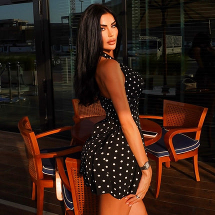 Polka Dot Slimming Printed Sexy A line Dress Deep V Plunge neck Sleeveless Halter Tight Waist Short Dress .Ships from overseas. Estimated delivery: 14–20 business days